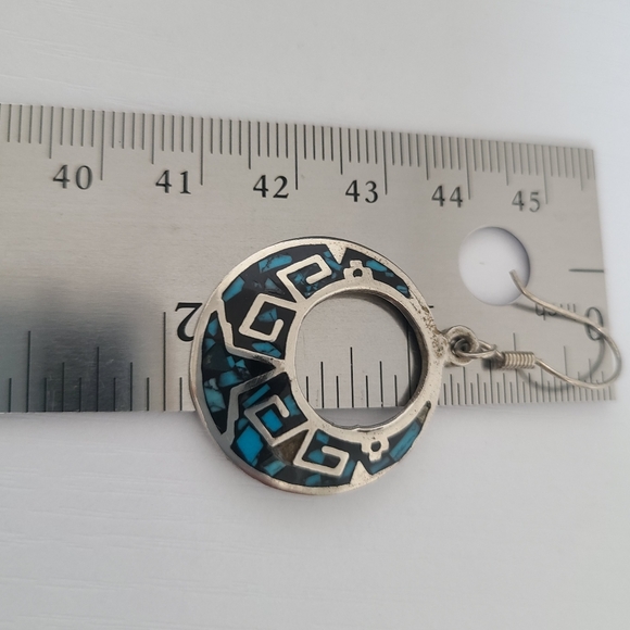 Vintage Sterling Silver Boho Western Mexico Turquoise Inlay Round Drop Earrings - Picture 12 of 12